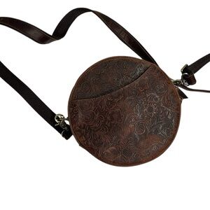 Brown Leather Round Floral Tooled Purse Shoulder Strap